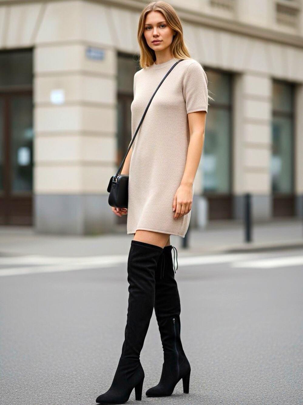 SHOE'N TALE Women's Black Faux Suede Thigh-High Stretch Zip Boots 9.5